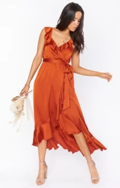 Show Me Your Mumu Samantha Ruffle Wrap Dress ~ Burnt Orange Luxe Satin