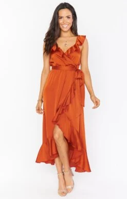 Show Me Your Mumu Samantha Ruffle Wrap Dress ~ Burnt Orange Luxe Satin -Show Me Your Mumu BM0 0239N RU62 04