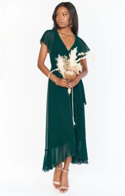 Show Me Your Mumu Jess Ruffle Midi Dress ~ Emerald Chiffon