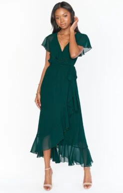 Show Me Your Mumu Jess Ruffle Midi Dress ~ Emerald Chiffon -Show Me Your Mumu BM0 0279 ER2404