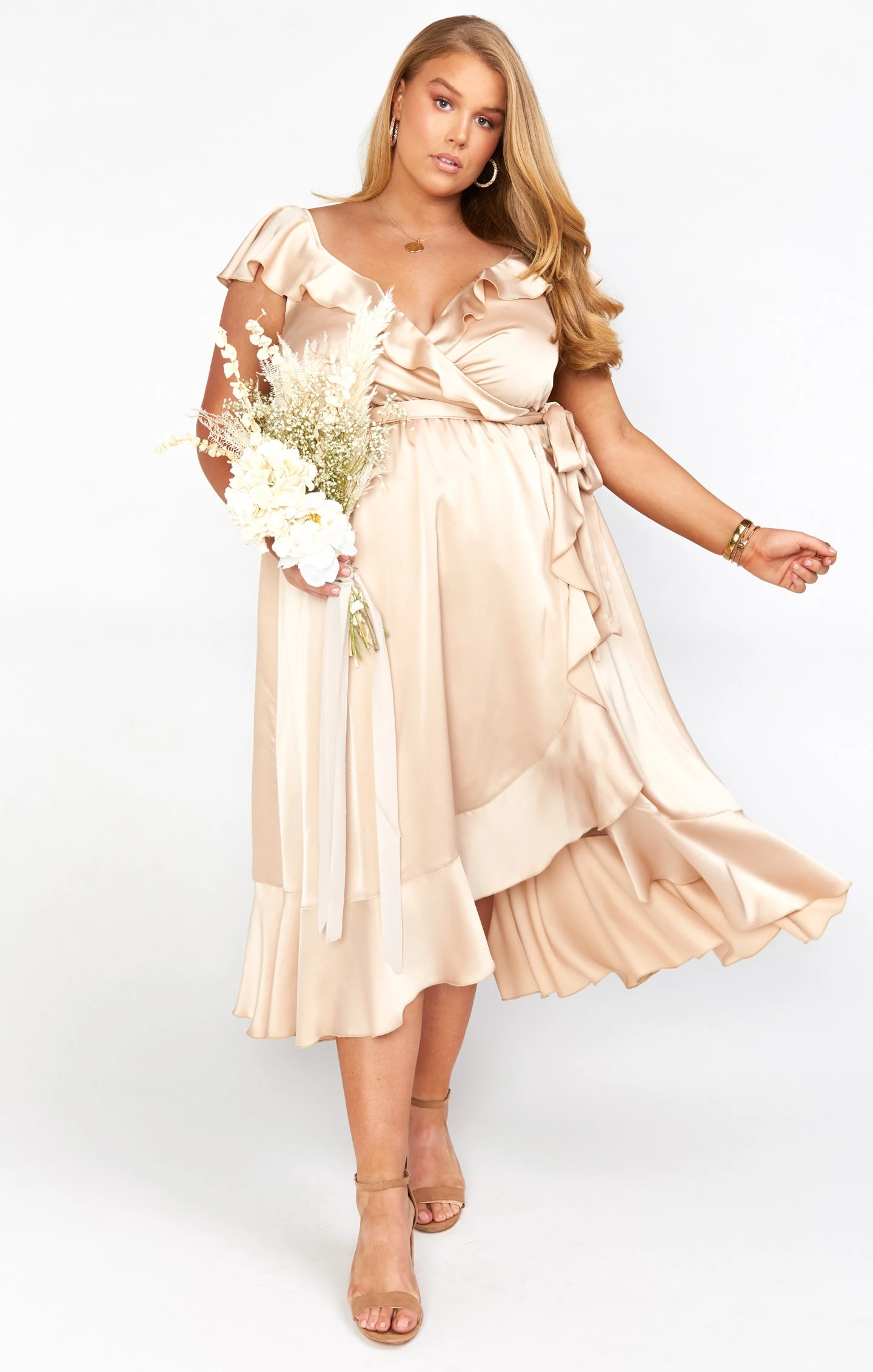 Show Me Your Mumu Samantha Ruffle Wrap Dress ~ Champagne Luxe Satin 16 Show Me Your Mumu Samantha Ruffle Wrap Dress ~ Champagne Luxe Satin - Image 14