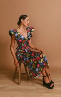 Show Me Your Mumu Lindsay Midi Dress ~ Charm Peony Black Luxe Satin -Show Me Your Mumu MF3 5709 PP62 01