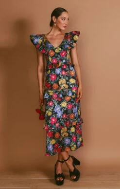 Show Me Your Mumu Lindsay Midi Dress ~ Charm Peony Black Luxe Satin