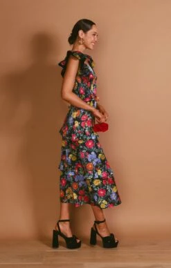 Show Me Your Mumu Lindsay Midi Dress ~ Charm Peony Black Luxe Satin -Show Me Your Mumu MF3 5709 PP62 05