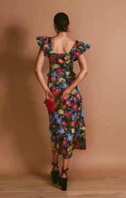 Show Me Your Mumu Lindsay Midi Dress ~ Charm Peony Black Luxe Satin -Show Me Your Mumu MF3 5709 PP62 06