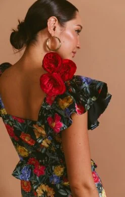 Show Me Your Mumu Lindsay Midi Dress ~ Charm Peony Black Luxe Satin -Show Me Your Mumu MF3 5709 PP62 08