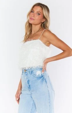 Show Me Your Mumu She Cute Top ~ White Faux Feathers